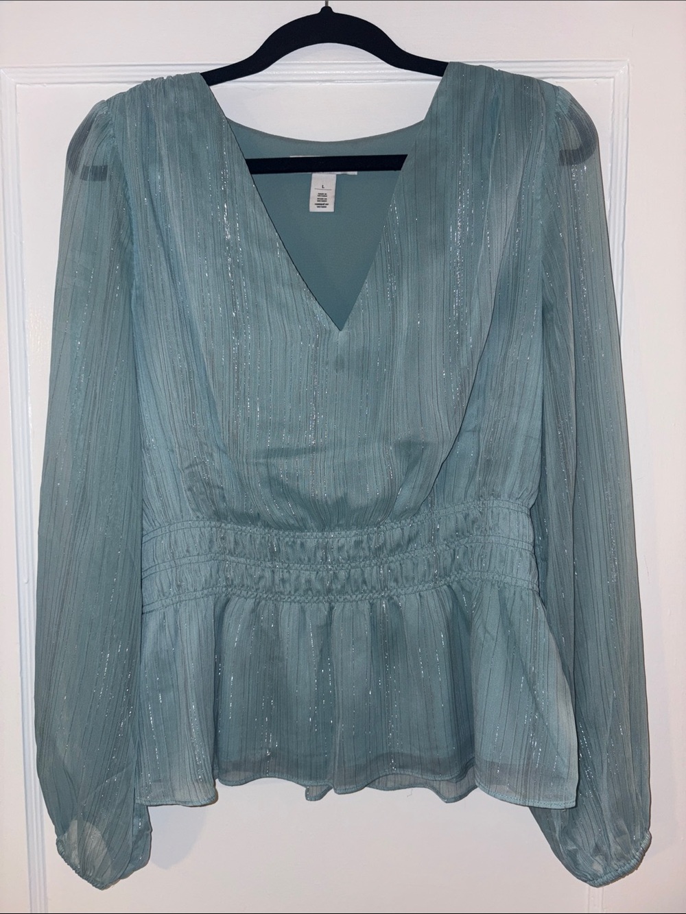 White House Black Market Light Teal Shimmery V-Neck Peplum top